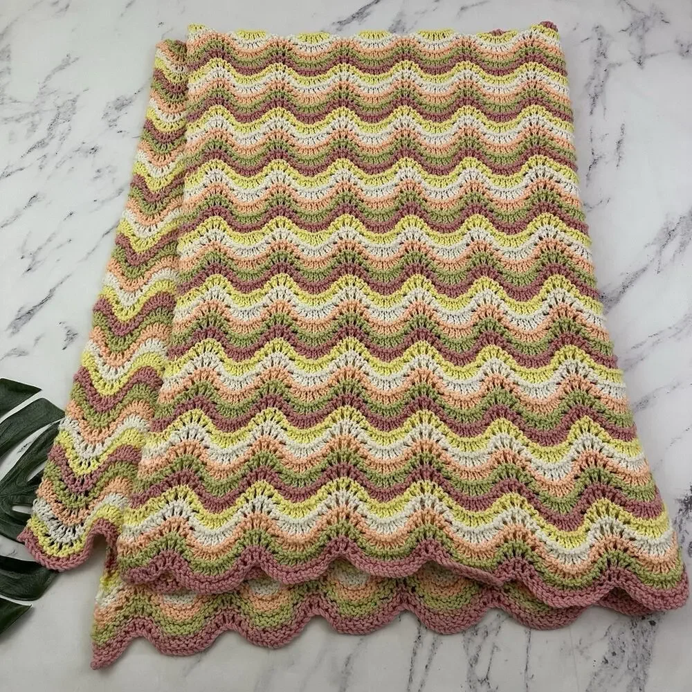Vintage 80s Handmade Crochet Throw Blanket Pink Yellow Scallop Stripe Cottage